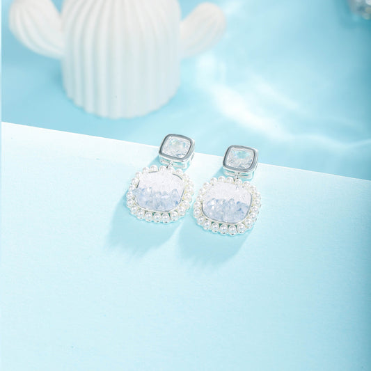 G&R Blue and White Gradient Crystal Square Stud Earrings925Silver Earrings Women