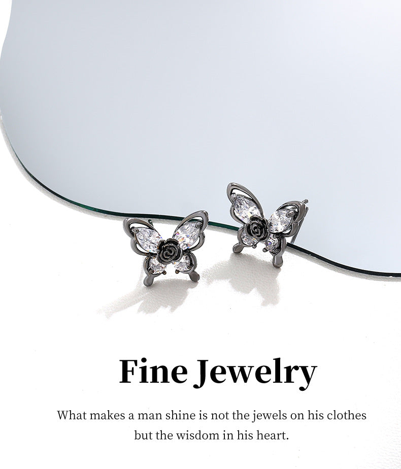 G&R Sweet Cool Style Black Butterfly Zircon925Silver Stud Earrings