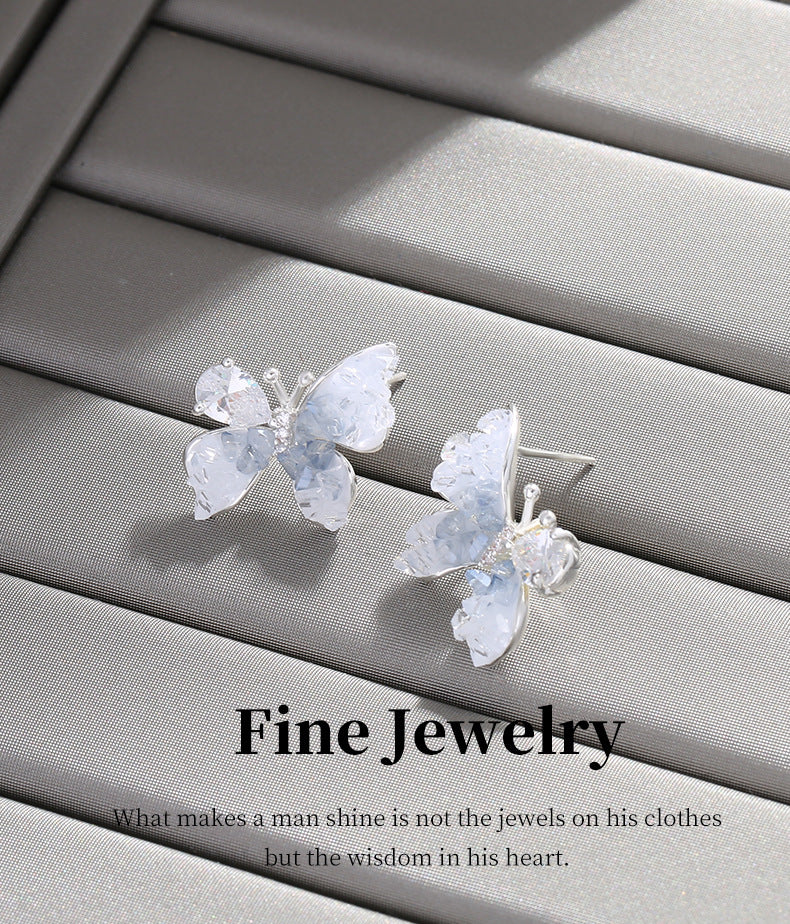 G&R Blue Crystal Stud Earrings925Silver Needle Butterfly Earrings