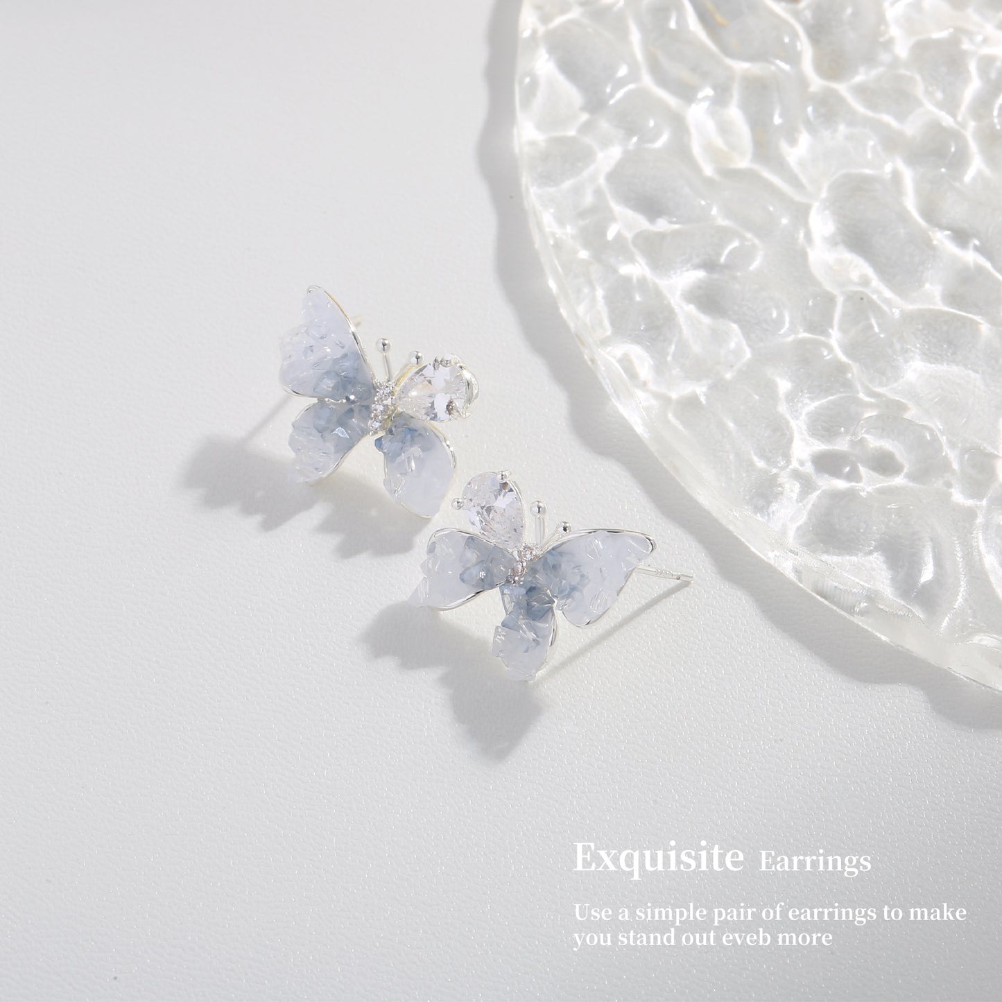 G&R Blue Crystal Stud Earrings925Silver Needle Butterfly Earrings