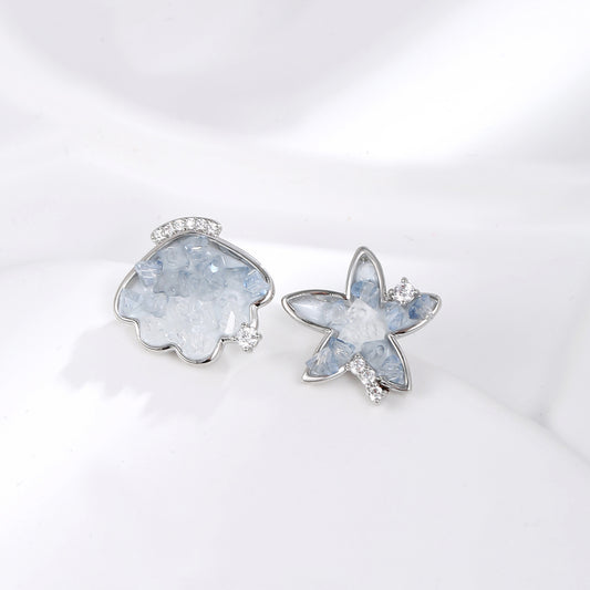 G&R Blue and White Gradient Color Crystal Star Shell Stud Earrings925Silver