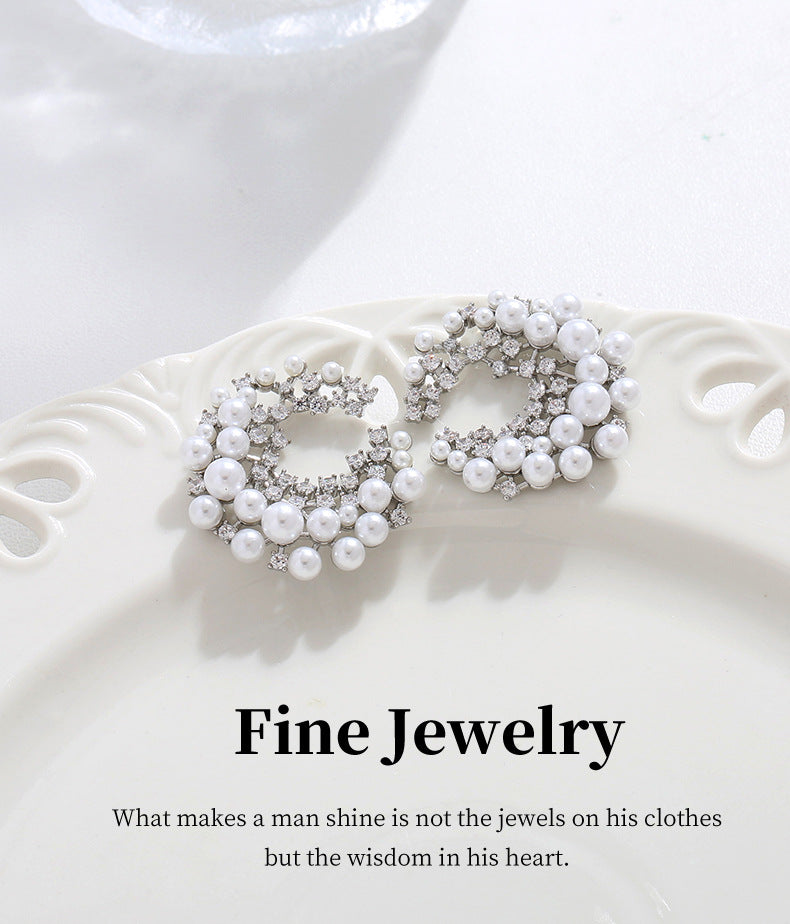 G&R Light Luxury Moon Pearl Zircon Sterling Silver Niche High-end Feel S925Silver pin earrings