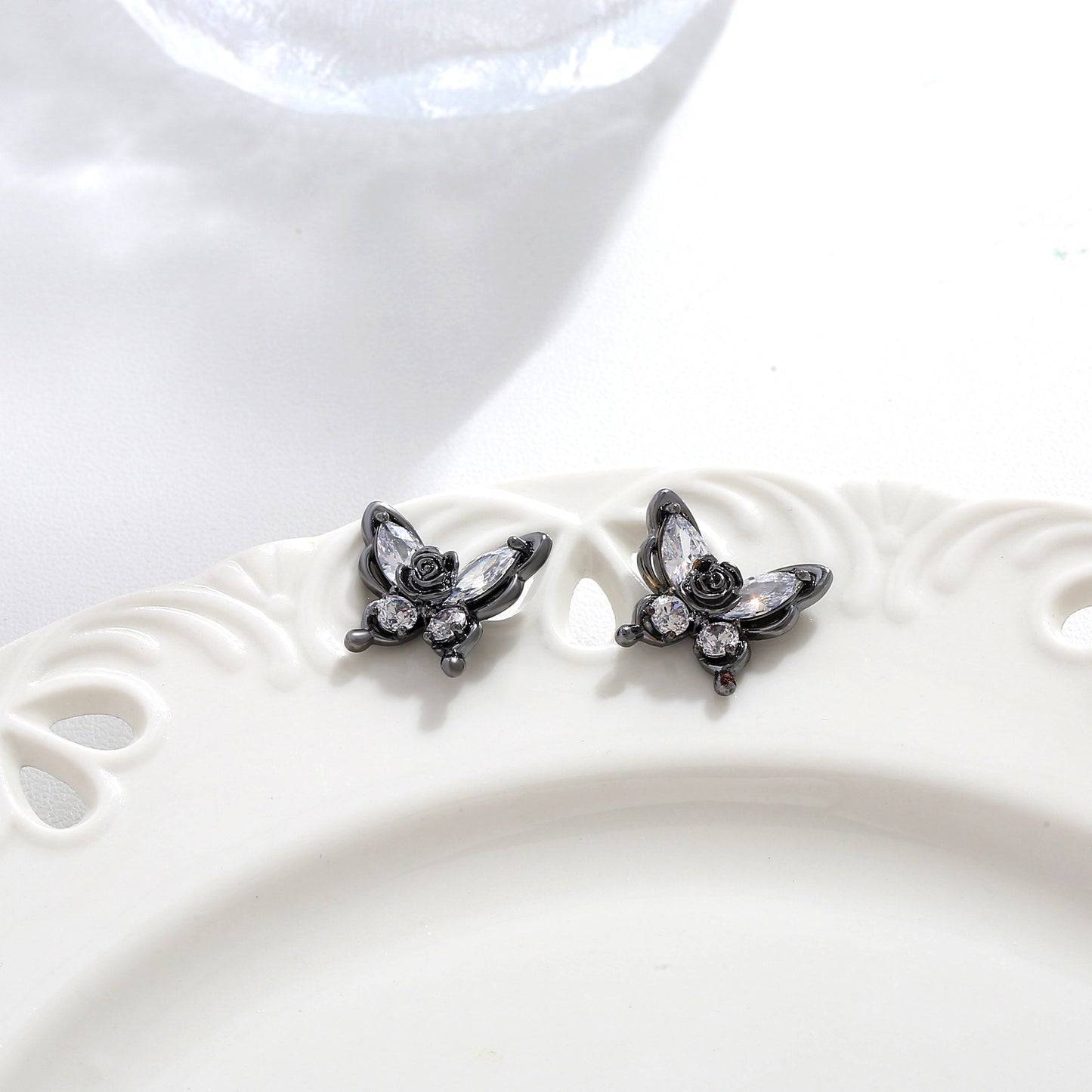 G&R Sweet Cool Style Black Butterfly Zircon925Silver Stud Earrings
