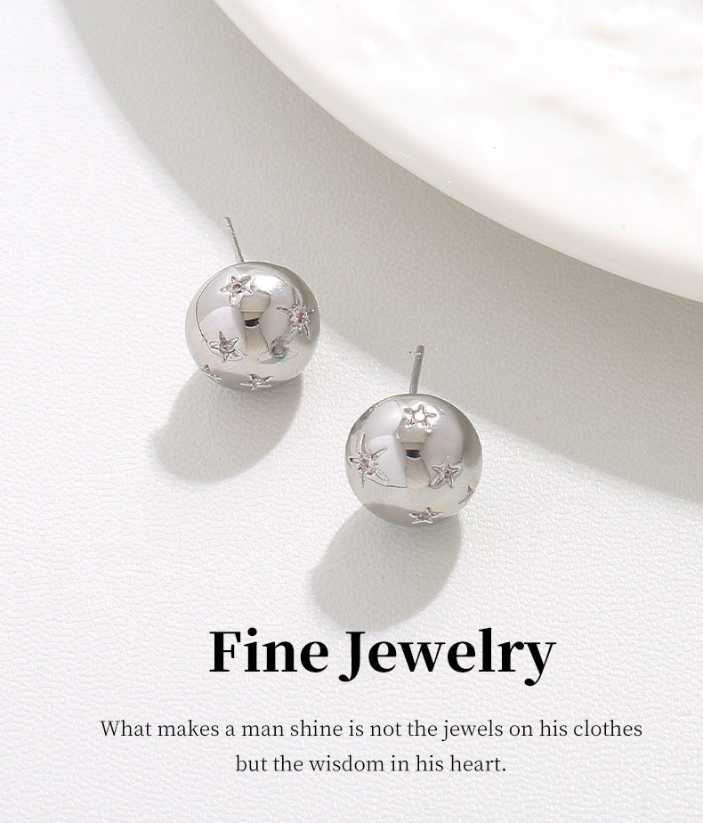 G&R Unique Minimalist Style Star Earrings for Women s925Silver Needle Metal Glossy Round Ball