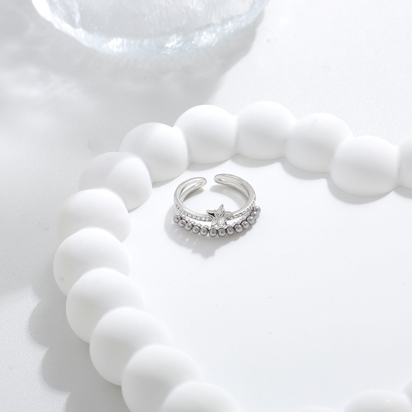 G&R Gray Pearl Open925Silver Ring Elegant Women's Index Finger Ring