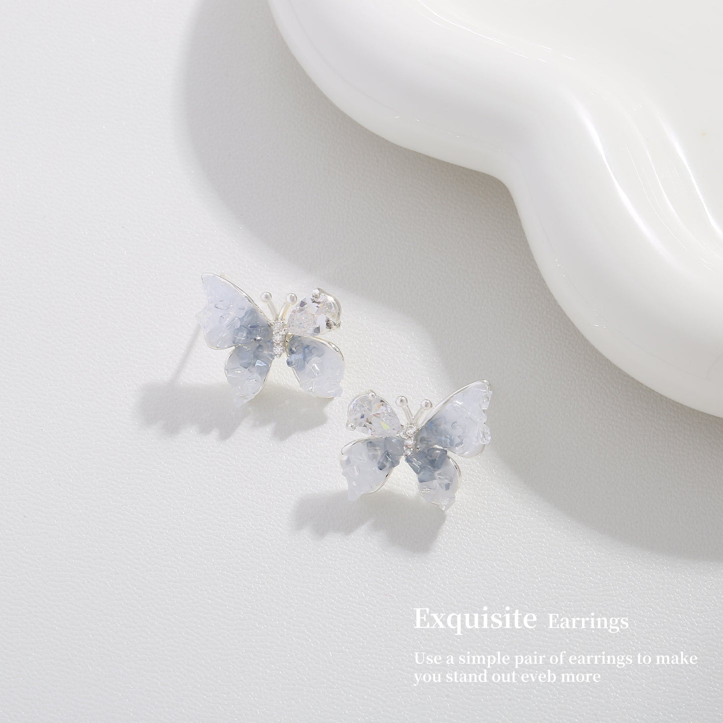 G&R Blue Crystal Stud Earrings925Silver Needle Butterfly Earrings