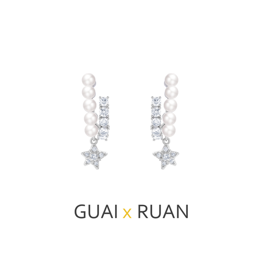G&R Five-Pointed Star Earrings Silver Needle Pearl Zircon Earrings Light Luxury High-End Feel Women 925 Silver