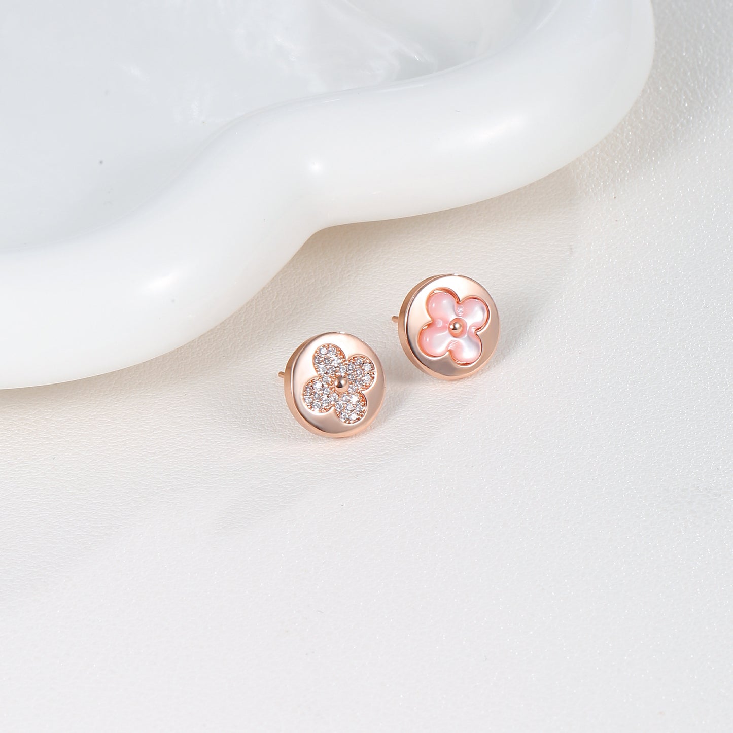 G&R Pink Shell Zircon Lucky Four-leaf Clover Stud Earrings925Silver Needle High-End Feel Earrings