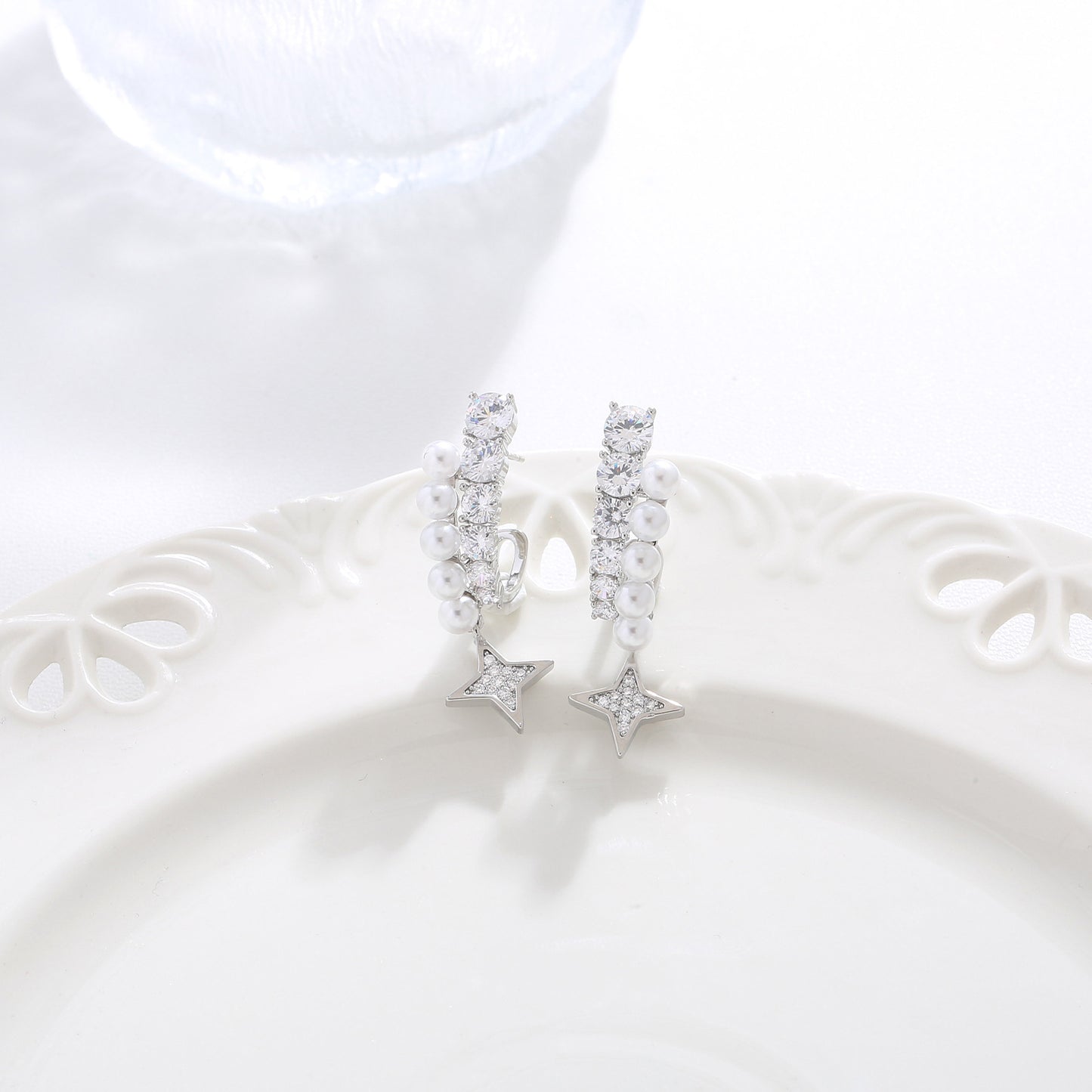 G&R Pearl Zircon Double Layer Small Star Earrings Light Luxury High-end Earrings925Silver