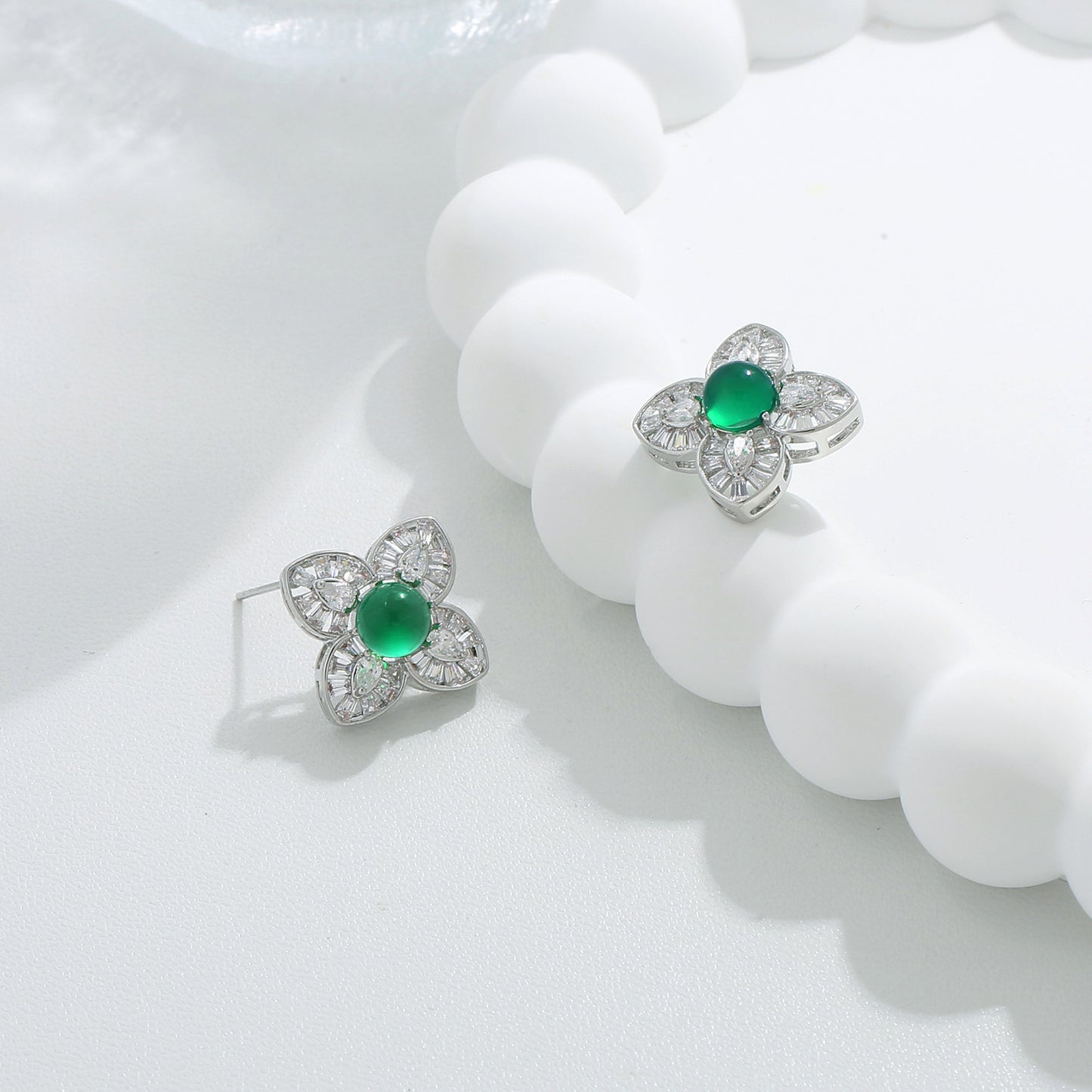 G&R Four-leaf Green Agate925Silver Earrings Earrings Niche High-end Earrings
