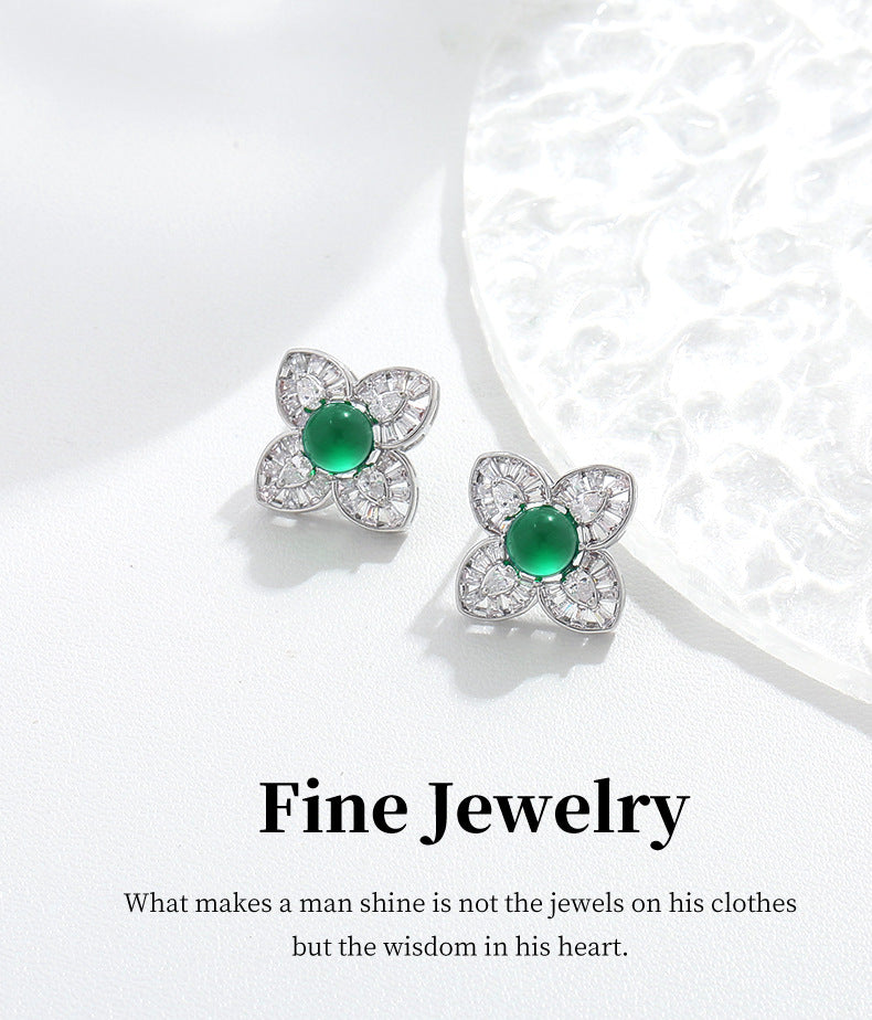 G&R Four-leaf Green Agate925Silver Earrings Earrings Niche High-end Earrings