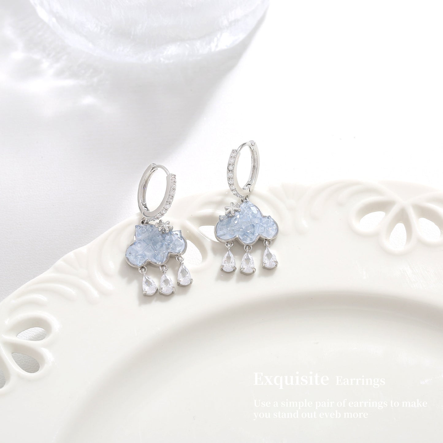 G&R Cloud Raindrop Tassel Earrings925Silver Blue Crystal Earrings