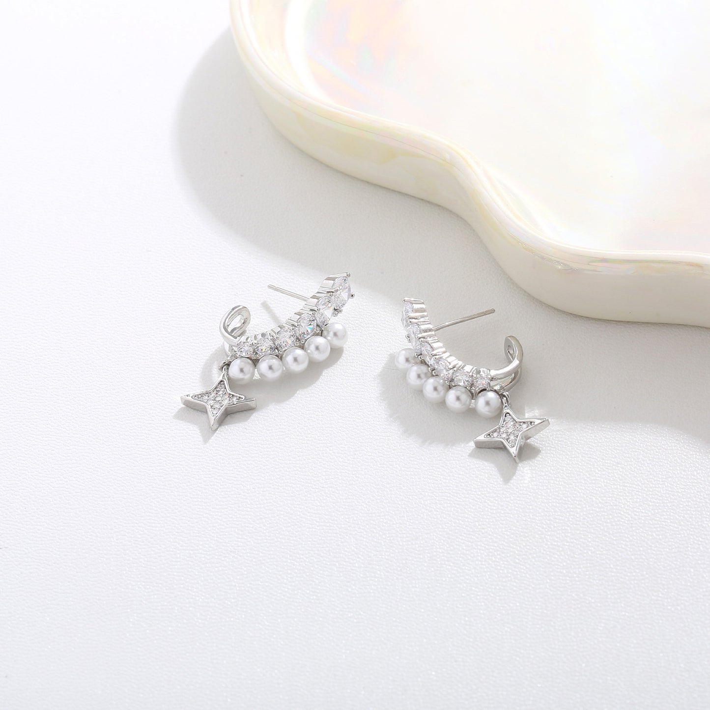 G&R Pearl Zircon Double Layer Small Star Earrings Light Luxury High-end Earrings925Silver