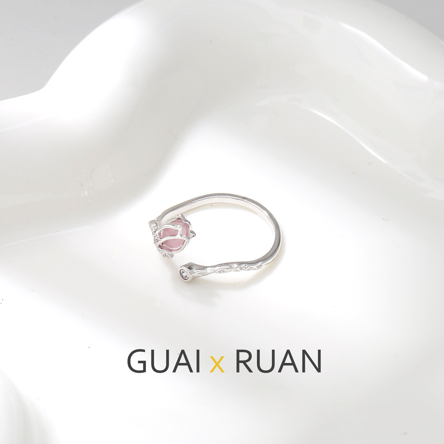 G&R Tulip Pink Cat's Eye Stone Open Ring Elegant925Silver ring