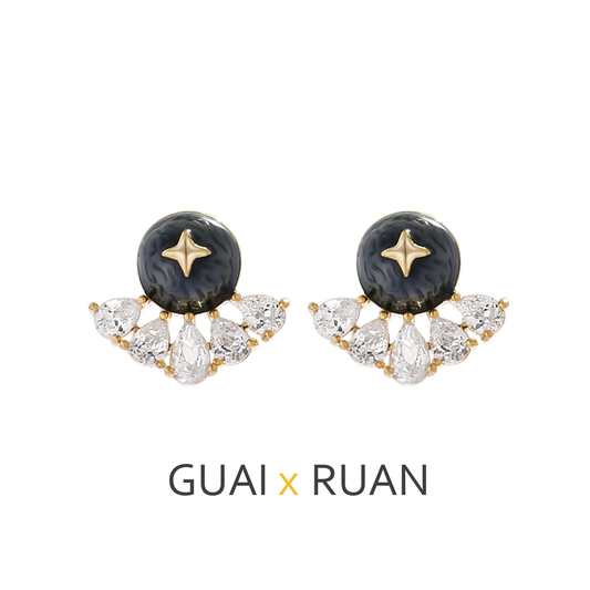 G&R Denim Blue Oil Cross Stars925Pure Silver Fan-Shaped Earrings
