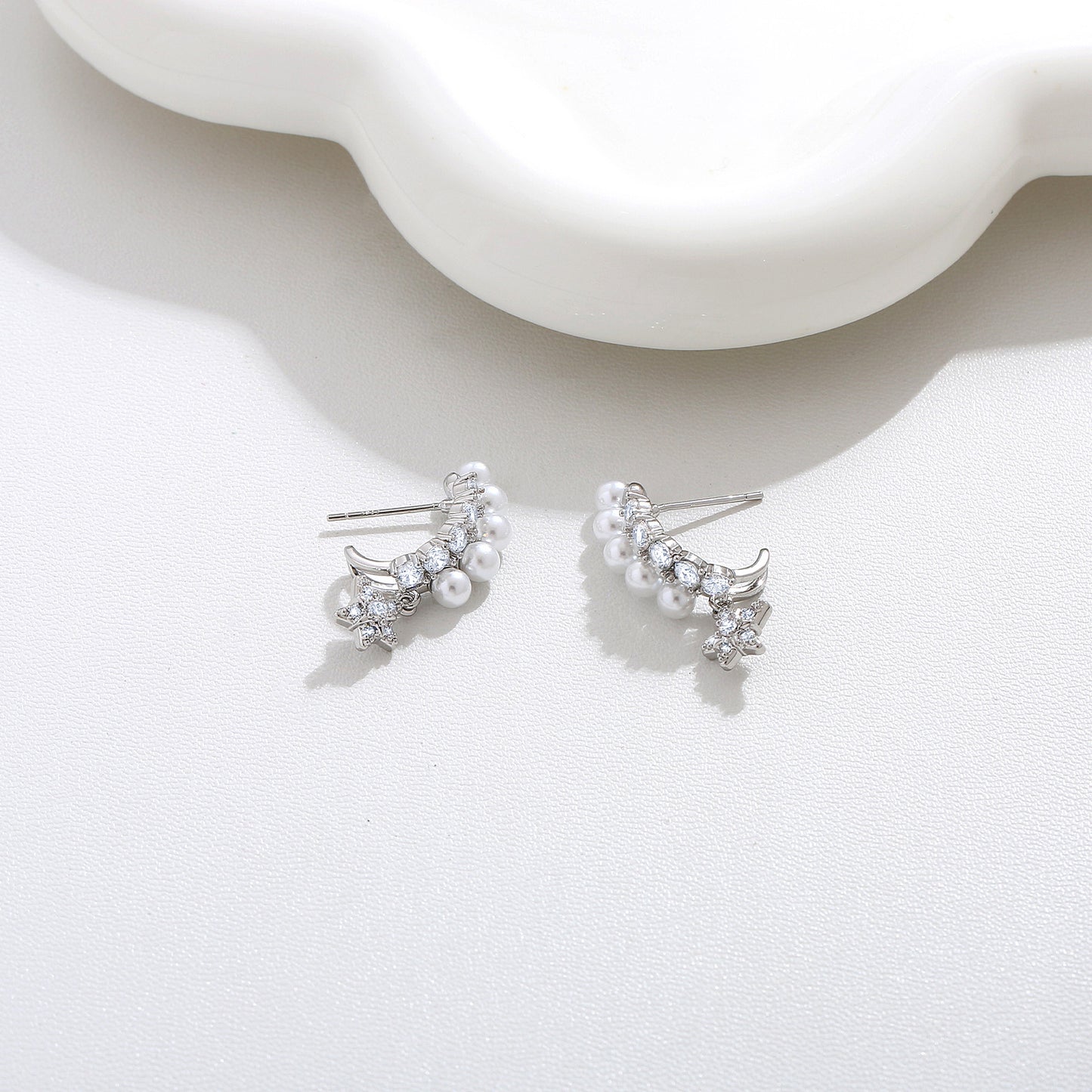 G&R Five-Pointed Star Earrings Silver Needle Pearl Zircon Earrings Light Luxury High-End Feel Women 925 Silver