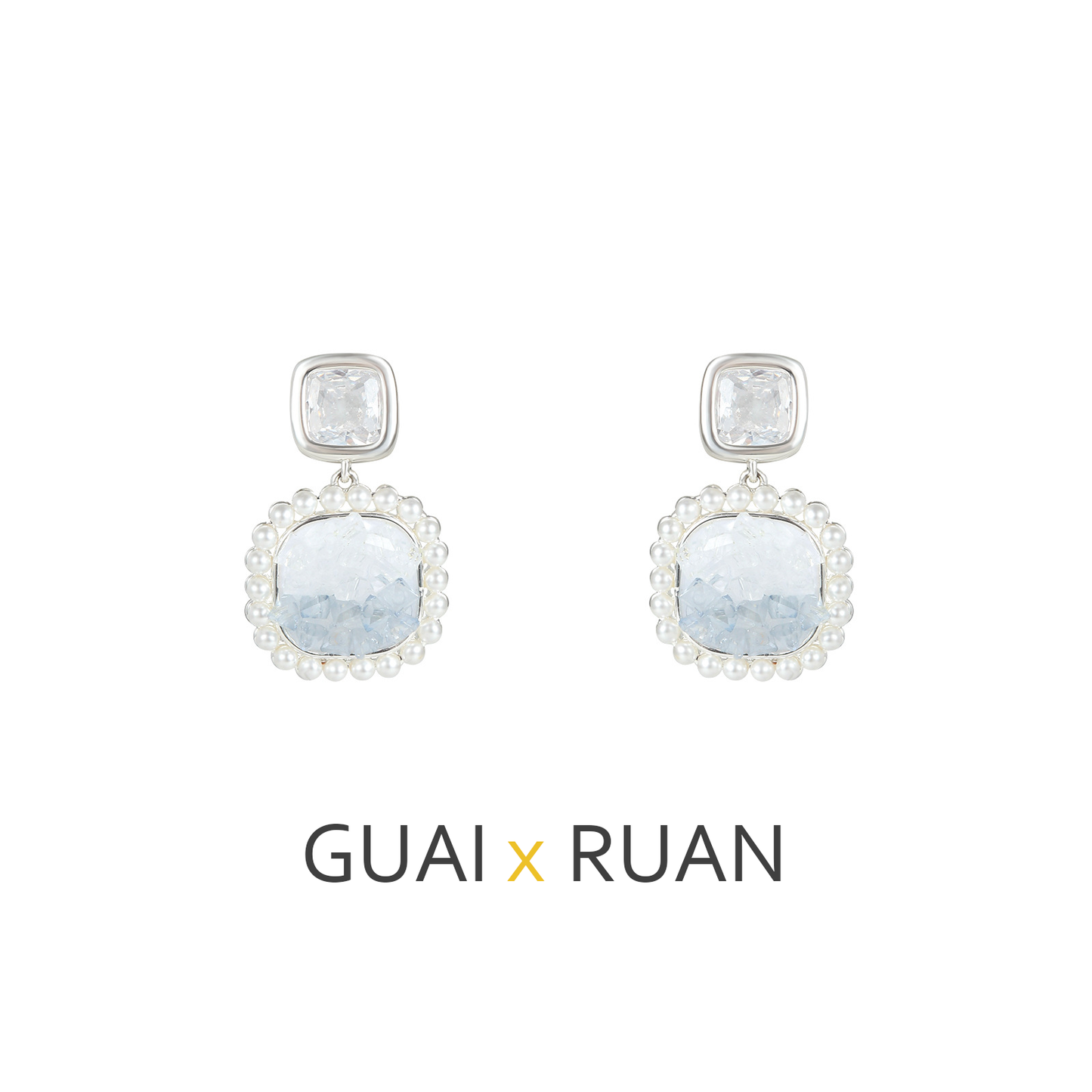 G&R Blue and White Gradient Crystal Square Stud Earrings925Silver Earrings Women