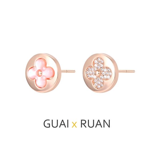G&R Pink Shell Zircon Lucky Four-leaf Clover Stud Earrings925Silver Needle High-End Feel Earrings