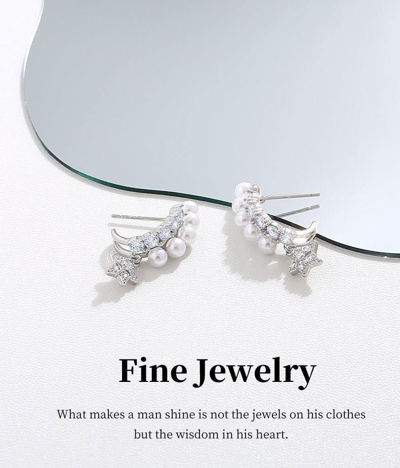 G&R Five-Pointed Star Earrings Silver Needle Pearl Zircon Earrings Light Luxury High-End Feel Women 925 Silver