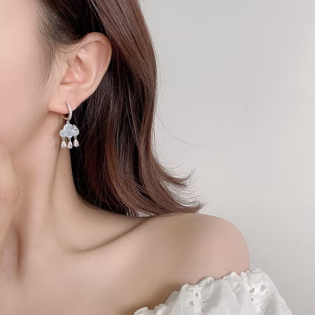 G&R Cloud Raindrop Tassel Earrings925Silver Blue Crystal Earrings