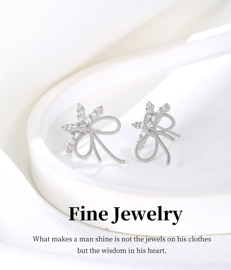 G&R Ribbon Snow Bow Zirconia Stud Earrings925Silver Needle
