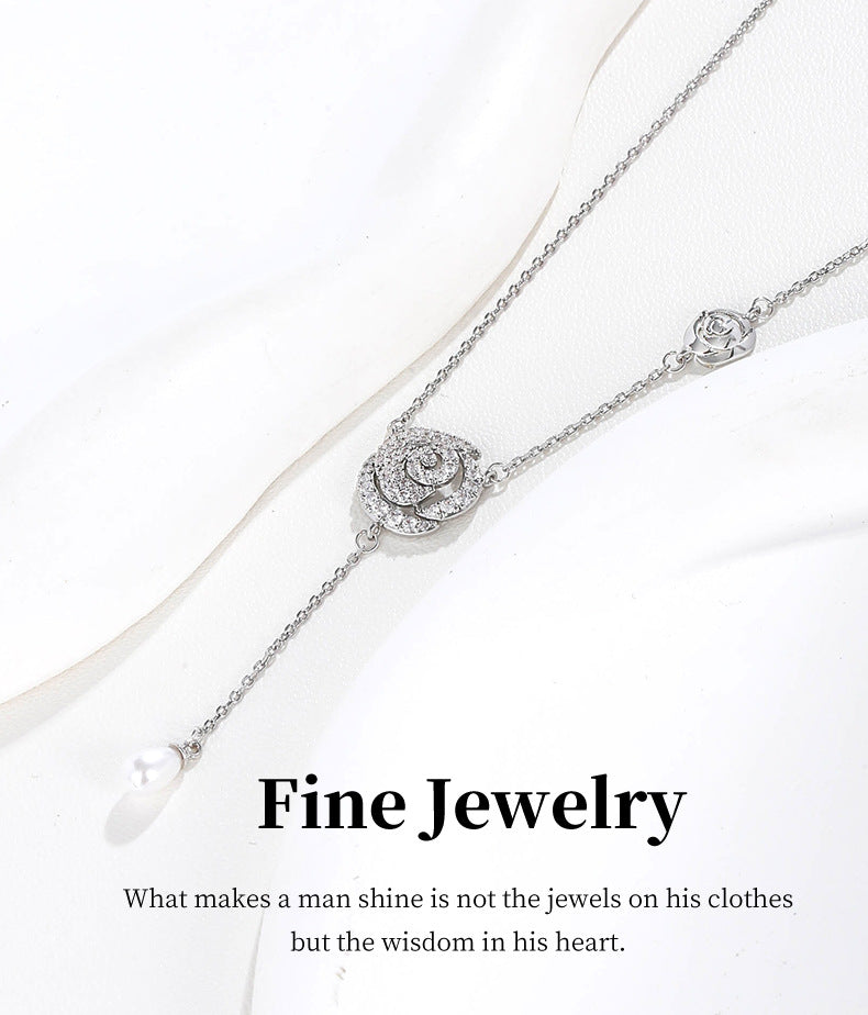 G&R Hollow Rose Drop Shape Pearl Pendant925Silver clavicle chain