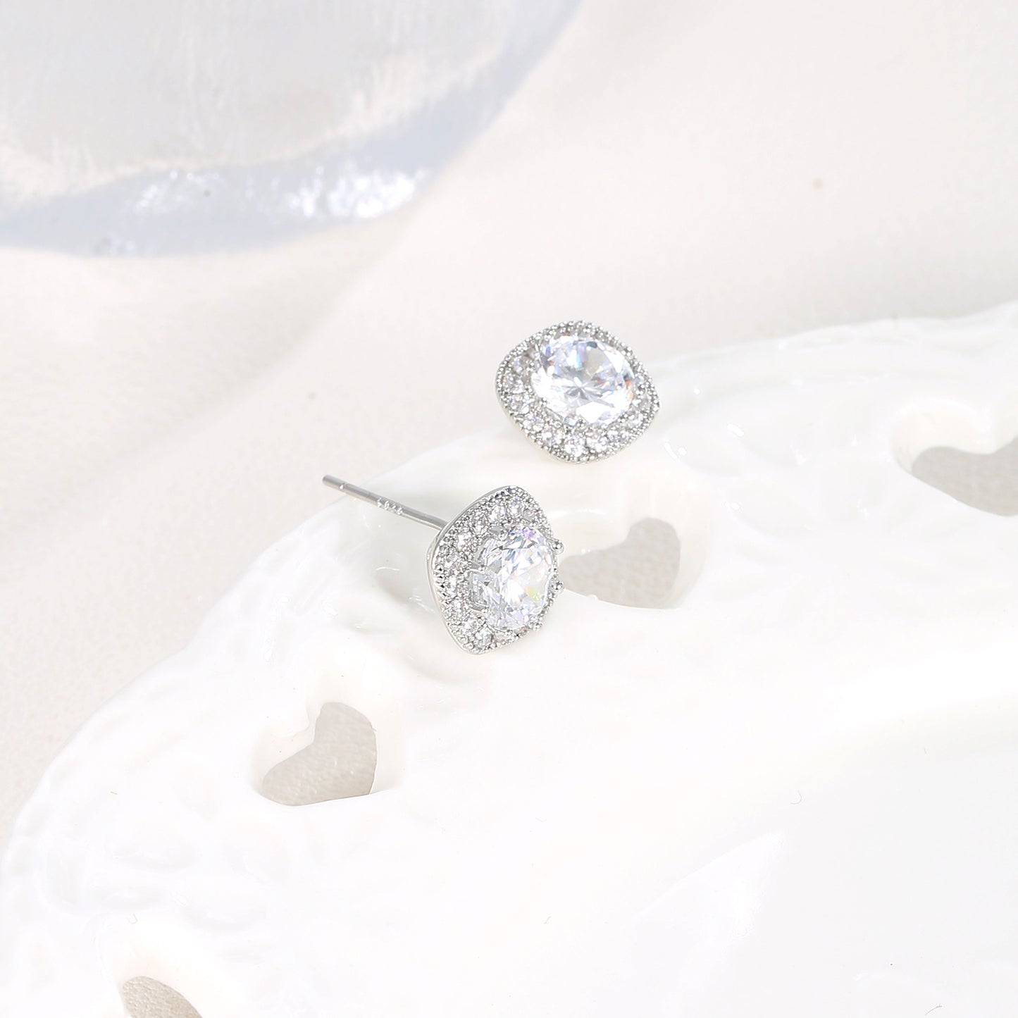 G&R Light Luxury Style Small Square Round Zircon Earrings925Silver