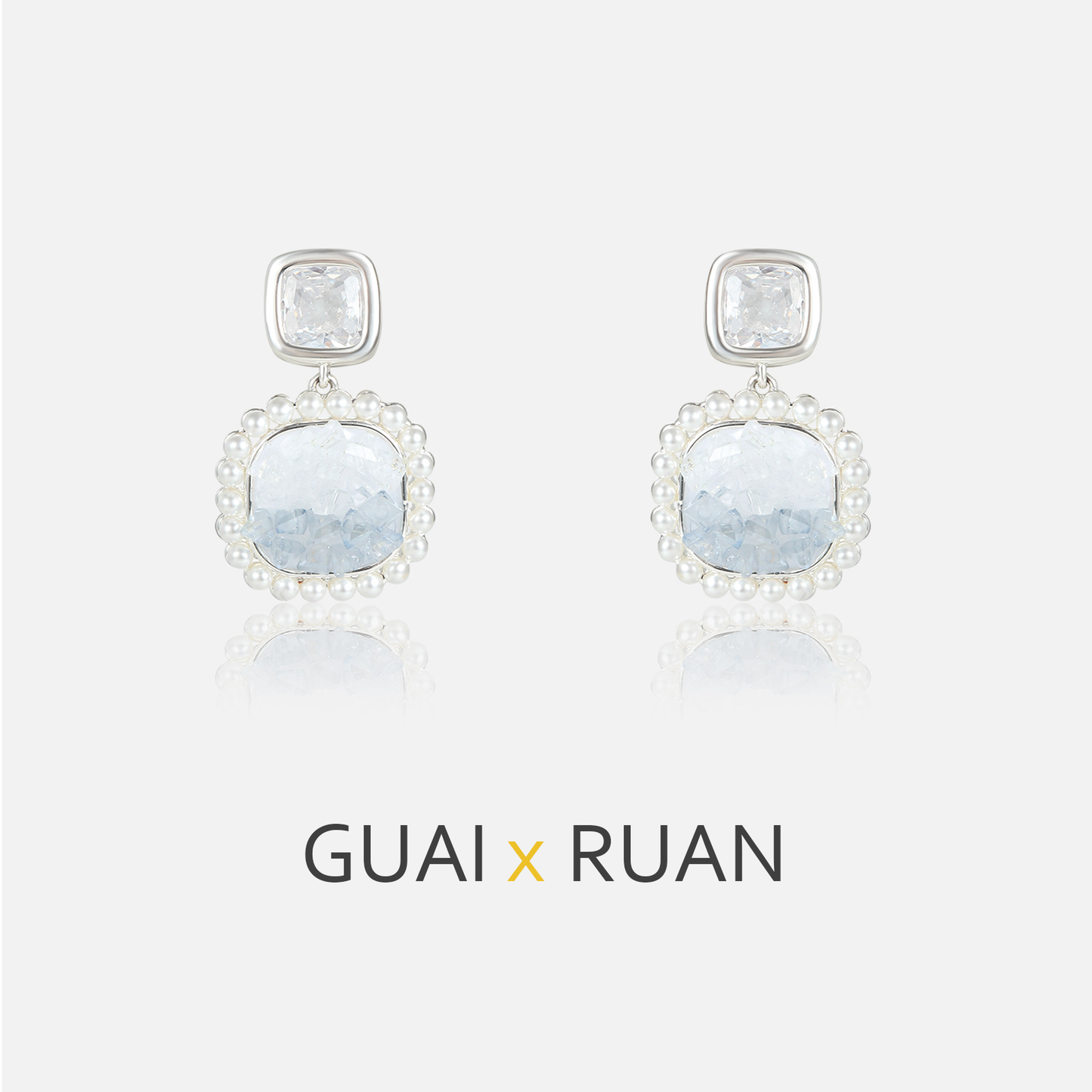 G&R Blue and White Gradient Crystal Square Stud Earrings925Silver Earrings Women