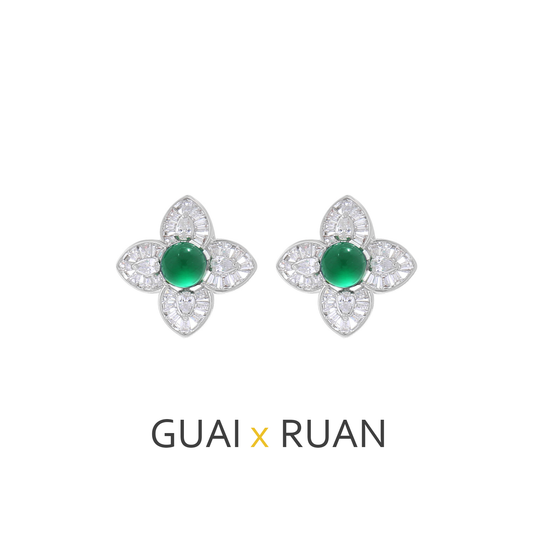 G&R Four-leaf Green Agate925Silver Earrings Earrings Niche High-end Earrings