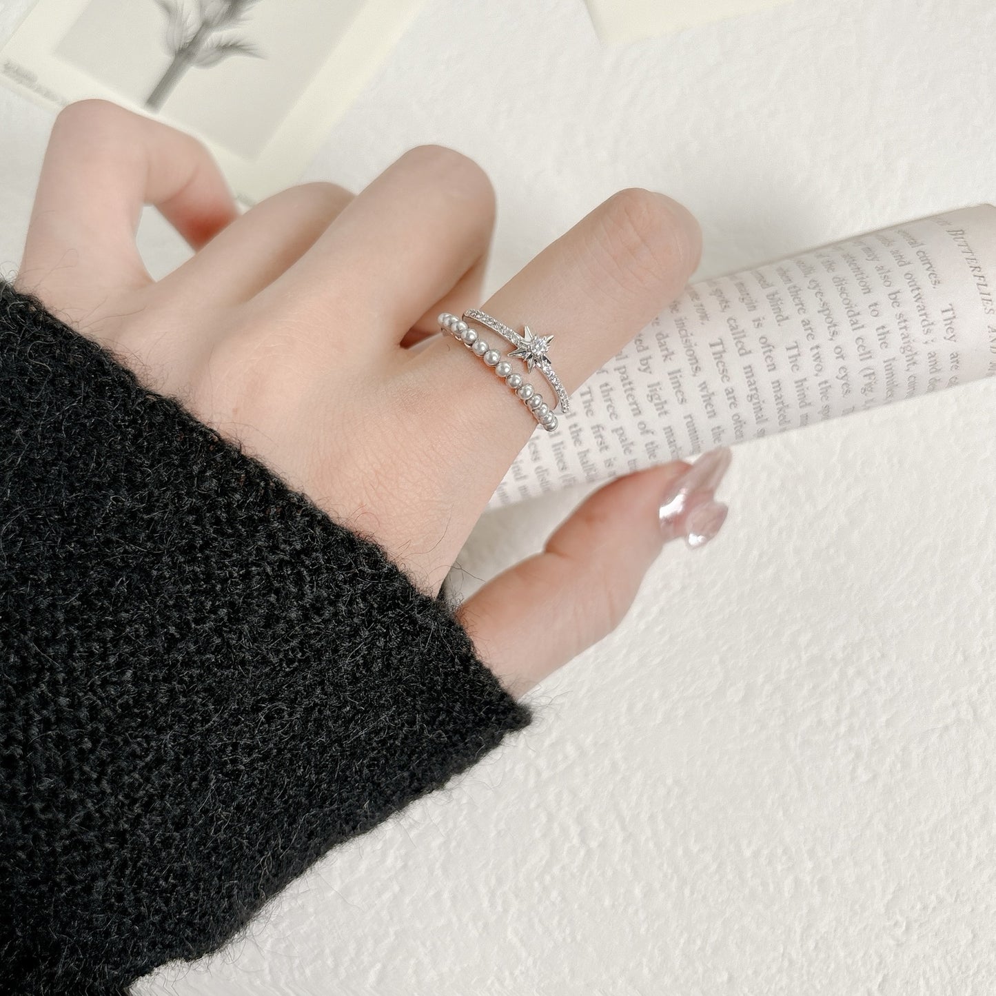 G&R Gray Pearl Open925Silver Ring Elegant Women's Index Finger Ring