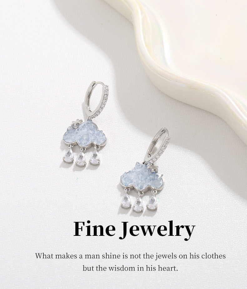 G&R Cloud Raindrop Tassel Earrings925Silver Blue Crystal Earrings