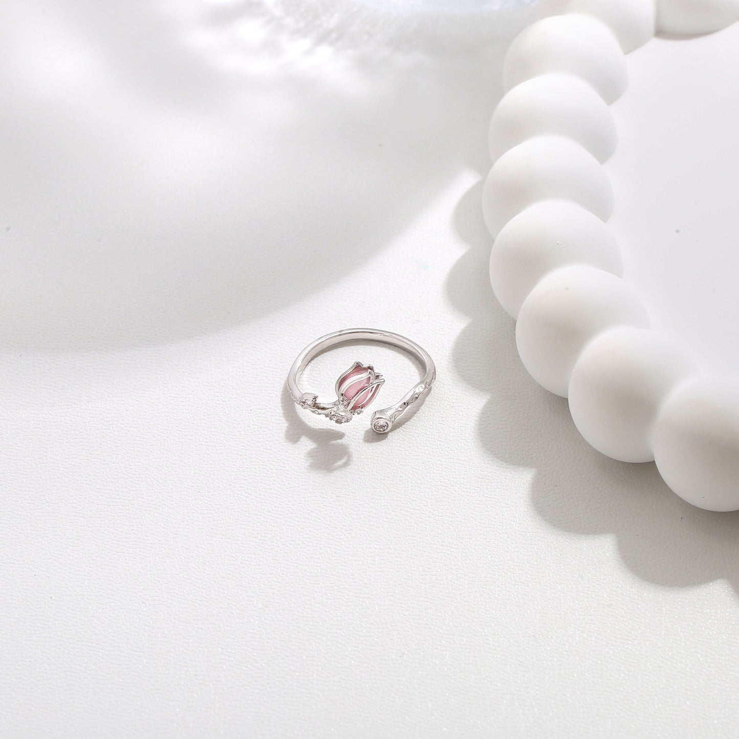 G&R Tulip Pink Cat's Eye Stone Open Ring Elegant925Silver ring