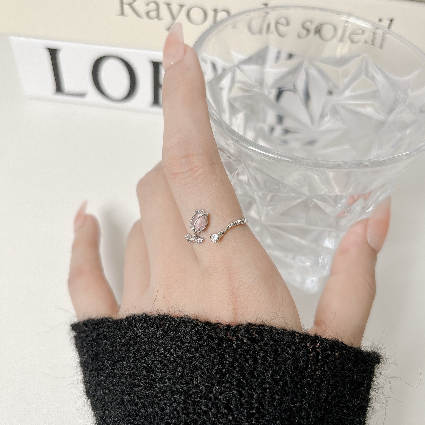 G&R Tulip Pink Cat's Eye Stone Open Ring Elegant925Silver ring