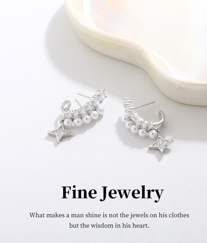 G&R Pearl Zircon Double Layer Small Star Earrings Light Luxury High-end Earrings925Silver