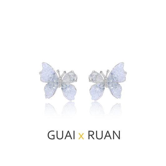 G&R Blue Crystal Stud Earrings925Silver Needle Butterfly Earrings