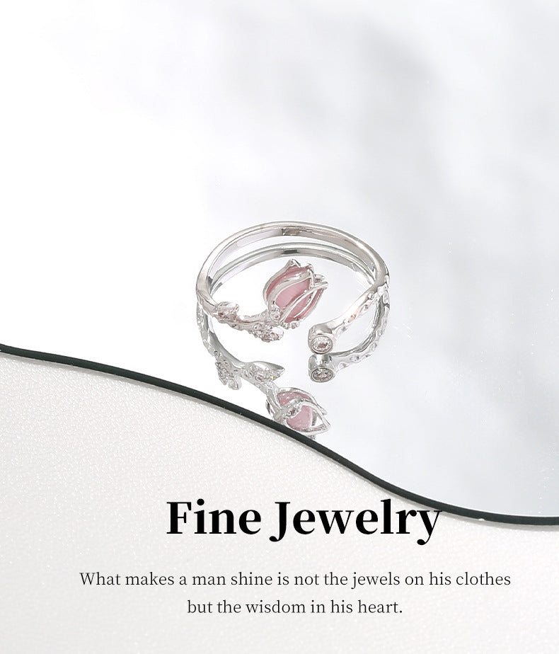 G&R Tulip Pink Cat's Eye Stone Open Ring Elegant925Silver ring