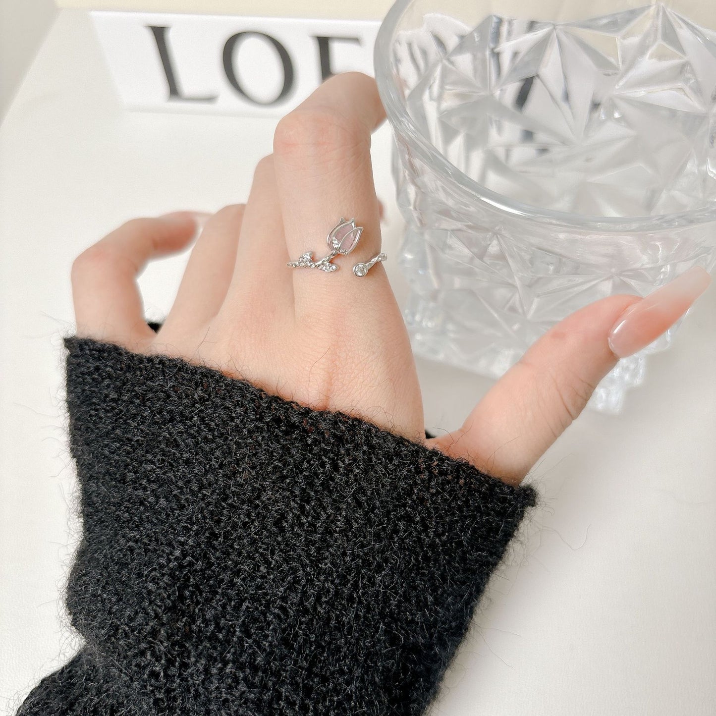 G&R Tulip Pink Cat's Eye Stone Open Ring Elegant925Silver ring