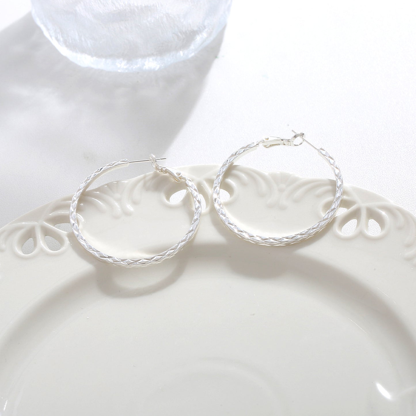 G&R Simple Diamond Pattern Hoop Earrings Grid Ear Clips925Silver Earrings