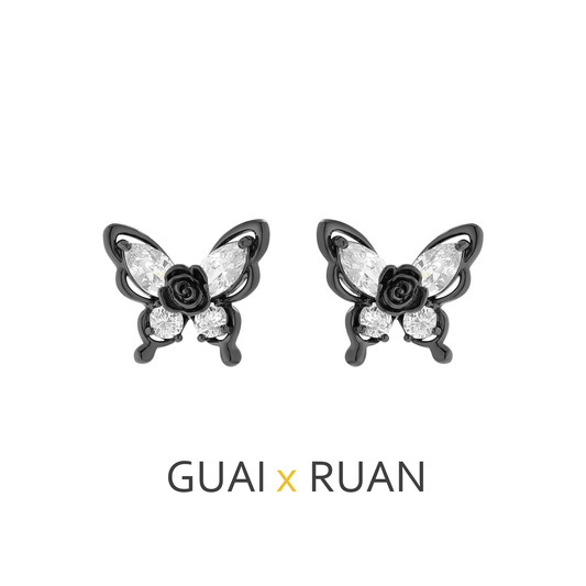 G&R Sweet Cool Style Black Butterfly Zircon925Silver Stud Earrings