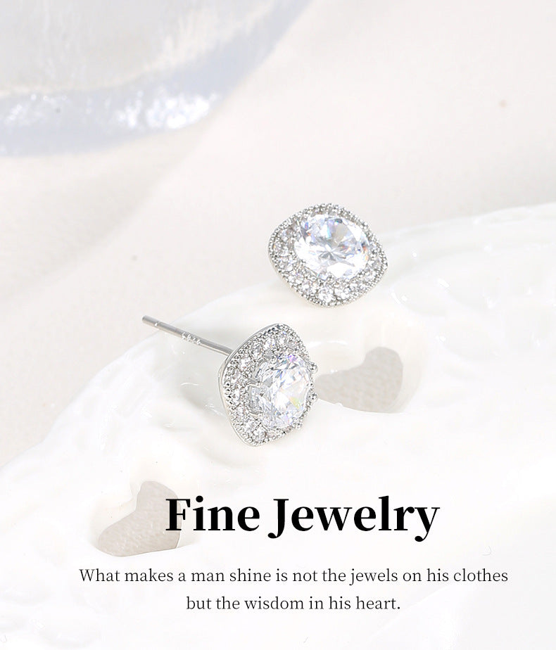 G&R Light Luxury Style Small Square Round Zircon Earrings925Silver