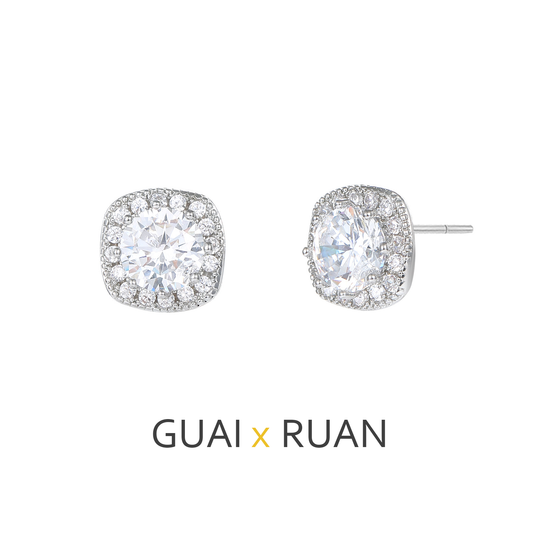 G&R Light Luxury Style Small Square Round Zircon Earrings925Silver