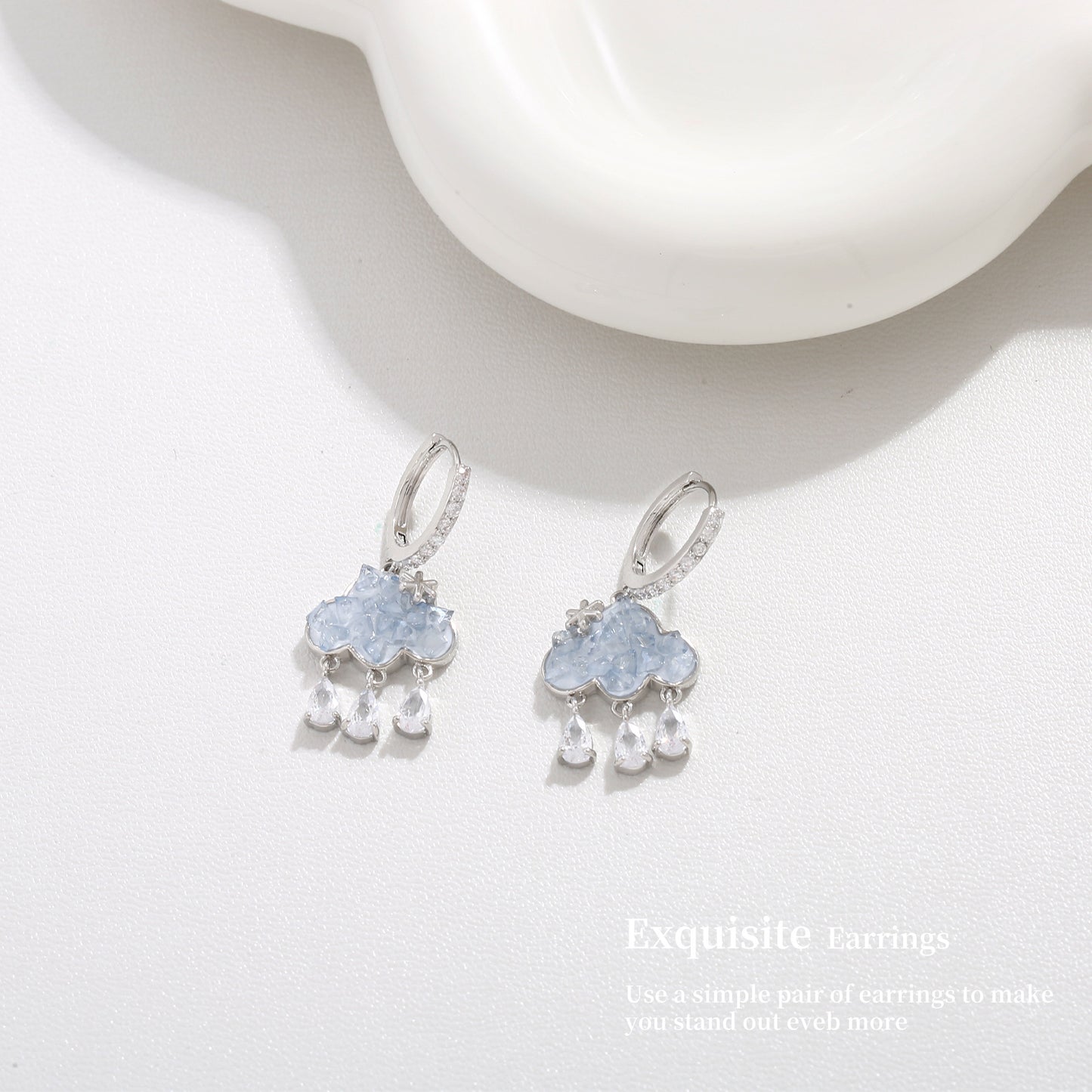 G&R Cloud Raindrop Tassel Earrings925Silver Blue Crystal Earrings