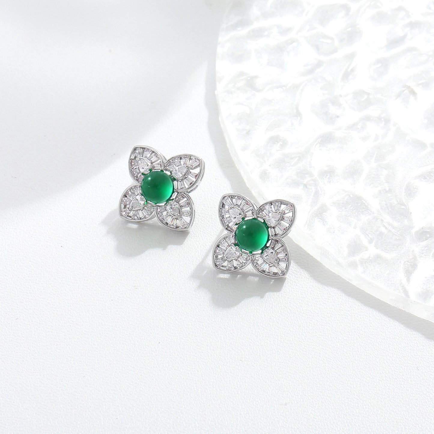 G&R Four-leaf Green Agate925Silver Earrings Earrings Niche High-end Earrings
