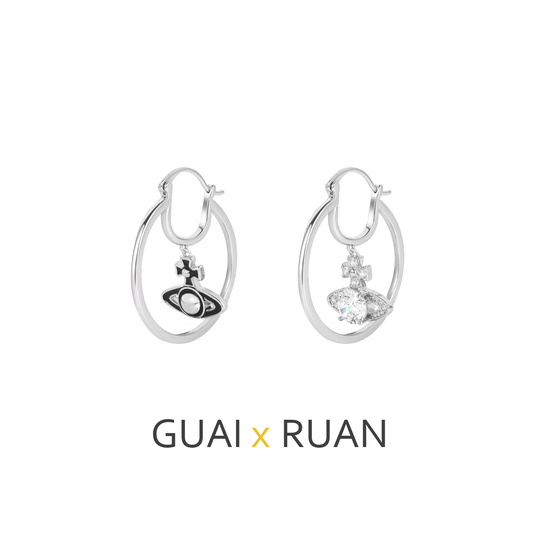 G&R Saturn Black and White Planet Surrounding Geometric Earrings925Silver Earrings