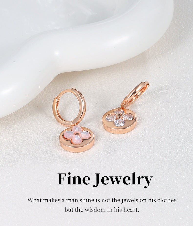 G&R Pink Shell Zircon Lucky Four-leaf Clover Stud Earrings925Silver Needle High-End Feel Earrings