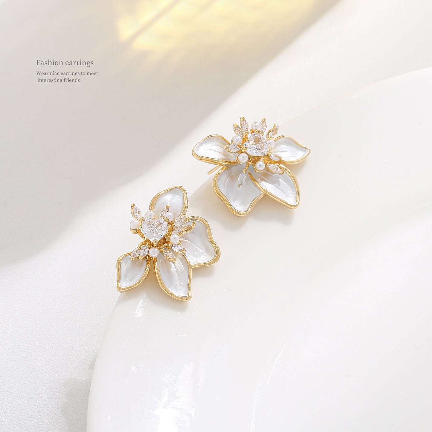 G&R Original Floral Art925Silver Stud Earrings White Drop Earrings