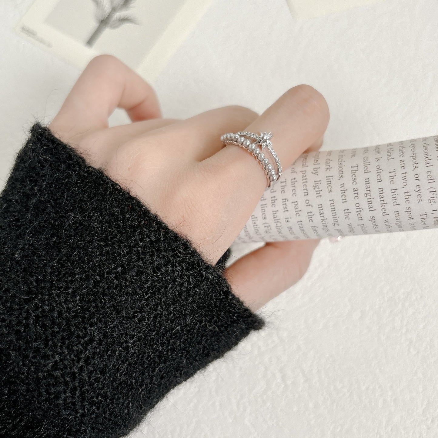 G&R Gray Pearl Open925Silver Ring Elegant Women's Index Finger Ring
