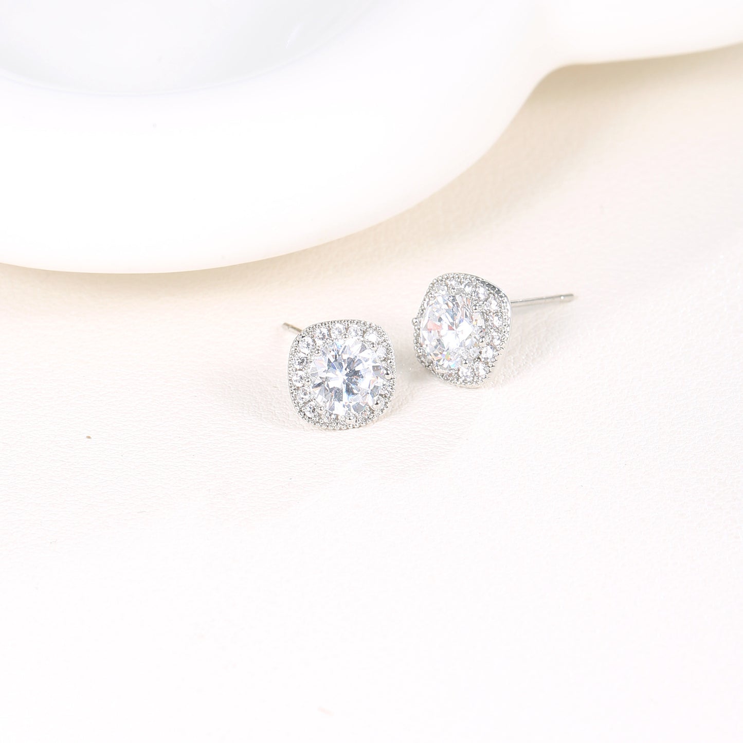 G&R Light Luxury Style Small Square Round Zircon Earrings925Silver